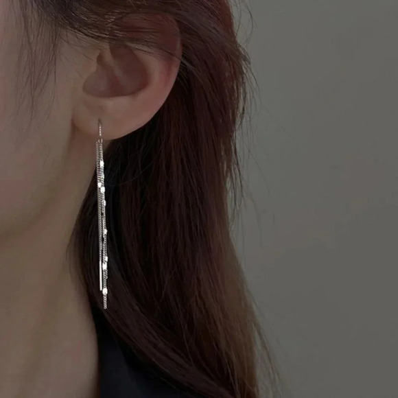 925 Sterling Silver Threader Earrings Tassel Long Chain Drop Statement Earrings - Picture 4 of 8